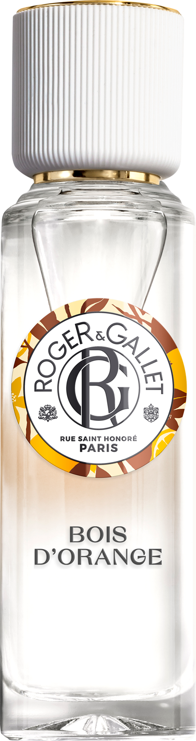 Flacon perfum Roger & Gallet Bois d'Orange woda odświeżająca 30ml z drzewno-cytrusowym zapachem pomarańczy i paczuli na białym tle